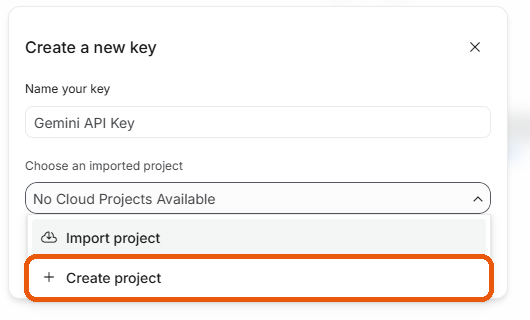 The project list open, with Create project marked