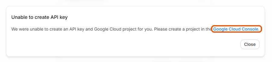 The Unable to create API key message with the Google Cloud Console link marked