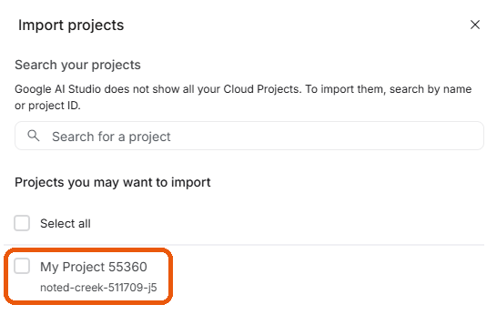The Import projects panel in AI Studio with a project checkbox marked