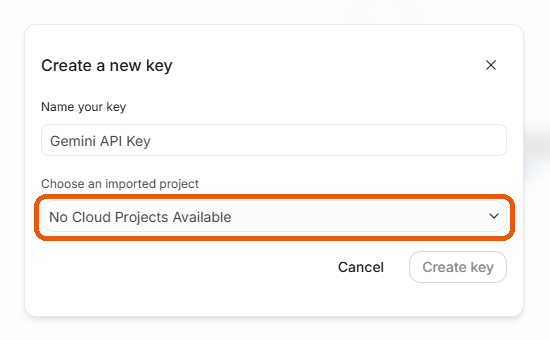 The Create a new key box showing No Cloud Projects Available