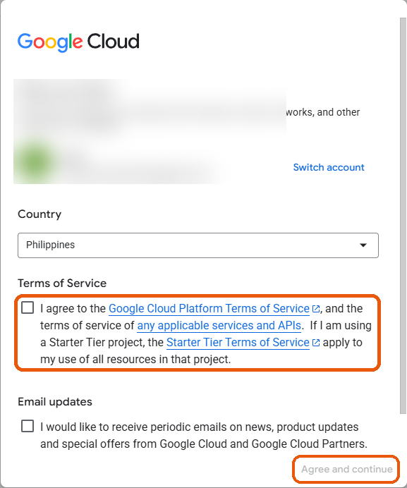 Google Cloud welcome box with the Terms of Service checkbox and Agree and continue button marked