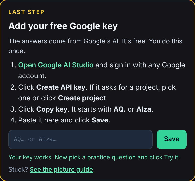 The yellow Add your free Google key box saying Your key works