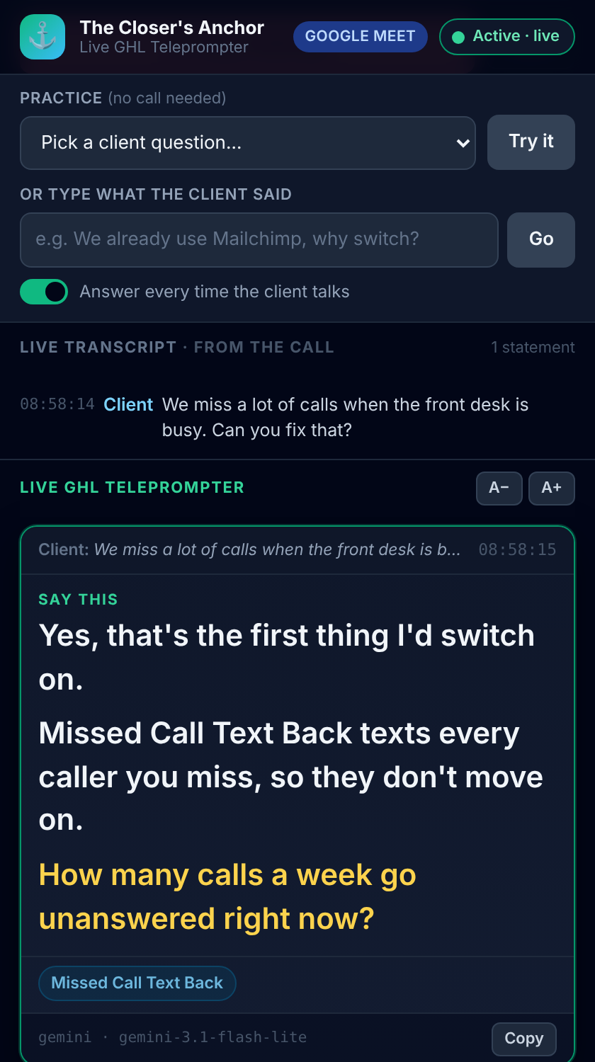 The panel during a call: the client's words at the top and three short lines to say